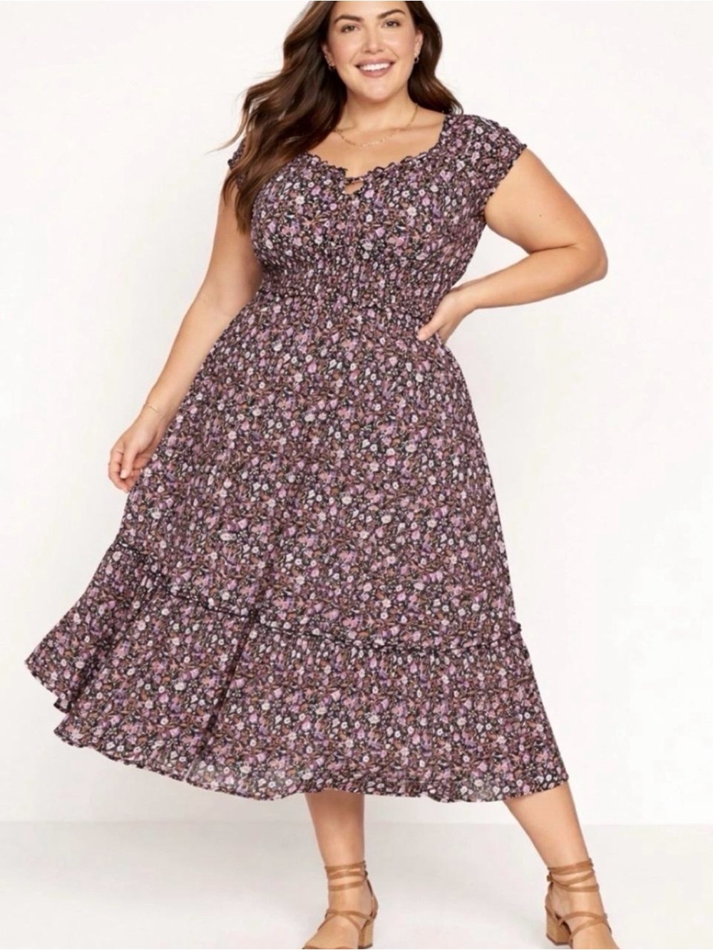 Old Navy Waist-Defined Short-Sleeve Printed Midi Dress Floral Smocked Women’s XL